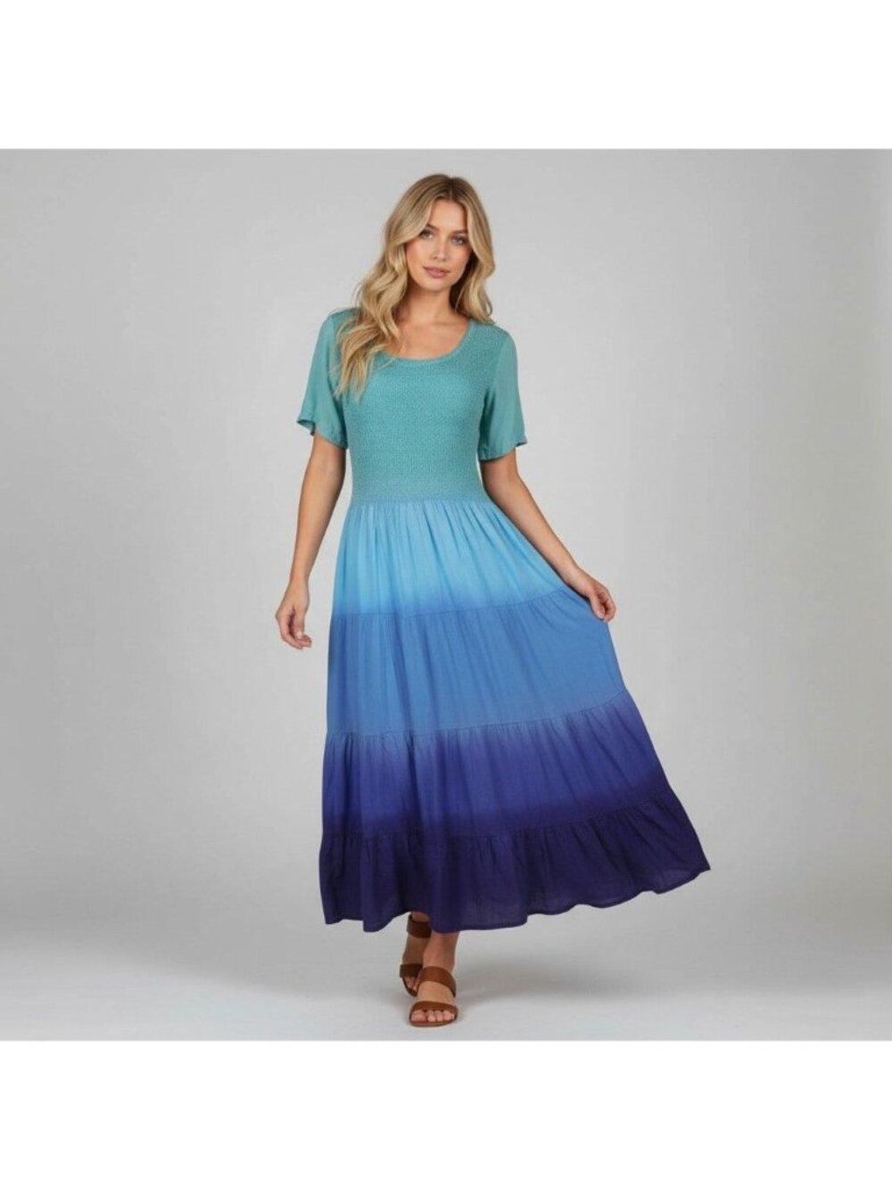Phool Blue Ombre Maxi Dress Smocked Bodice Short Sleeves Cotton Women’s M